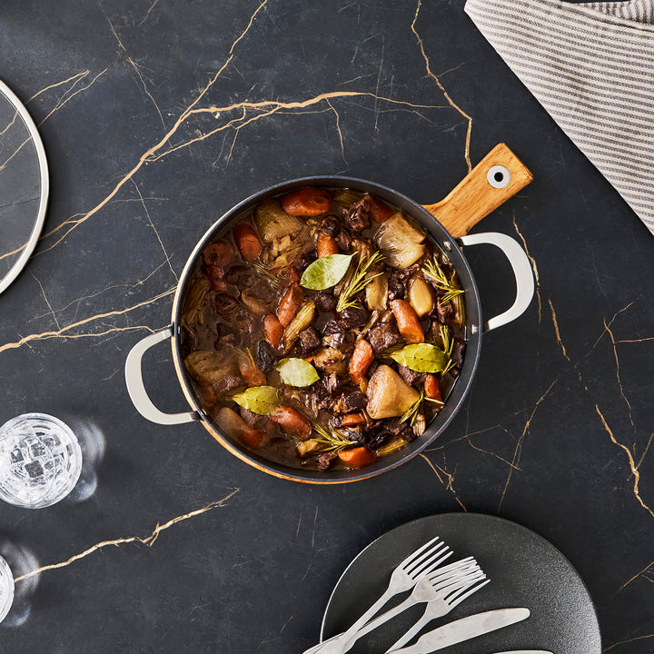 Beef stew inside a 28cm Aluminium Non-Stick Shallow Casserole Dish