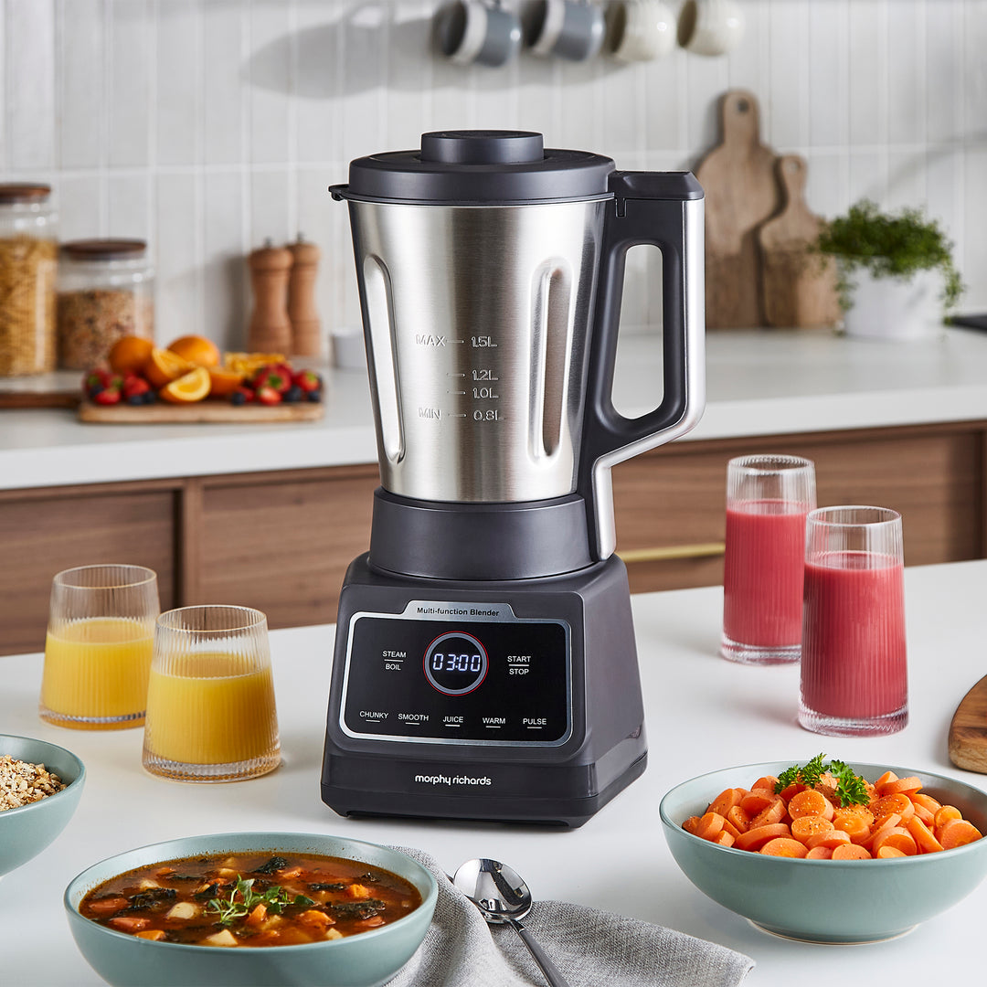 6-in-1 Blender & Soup Maker with blended smoothies and juices  
