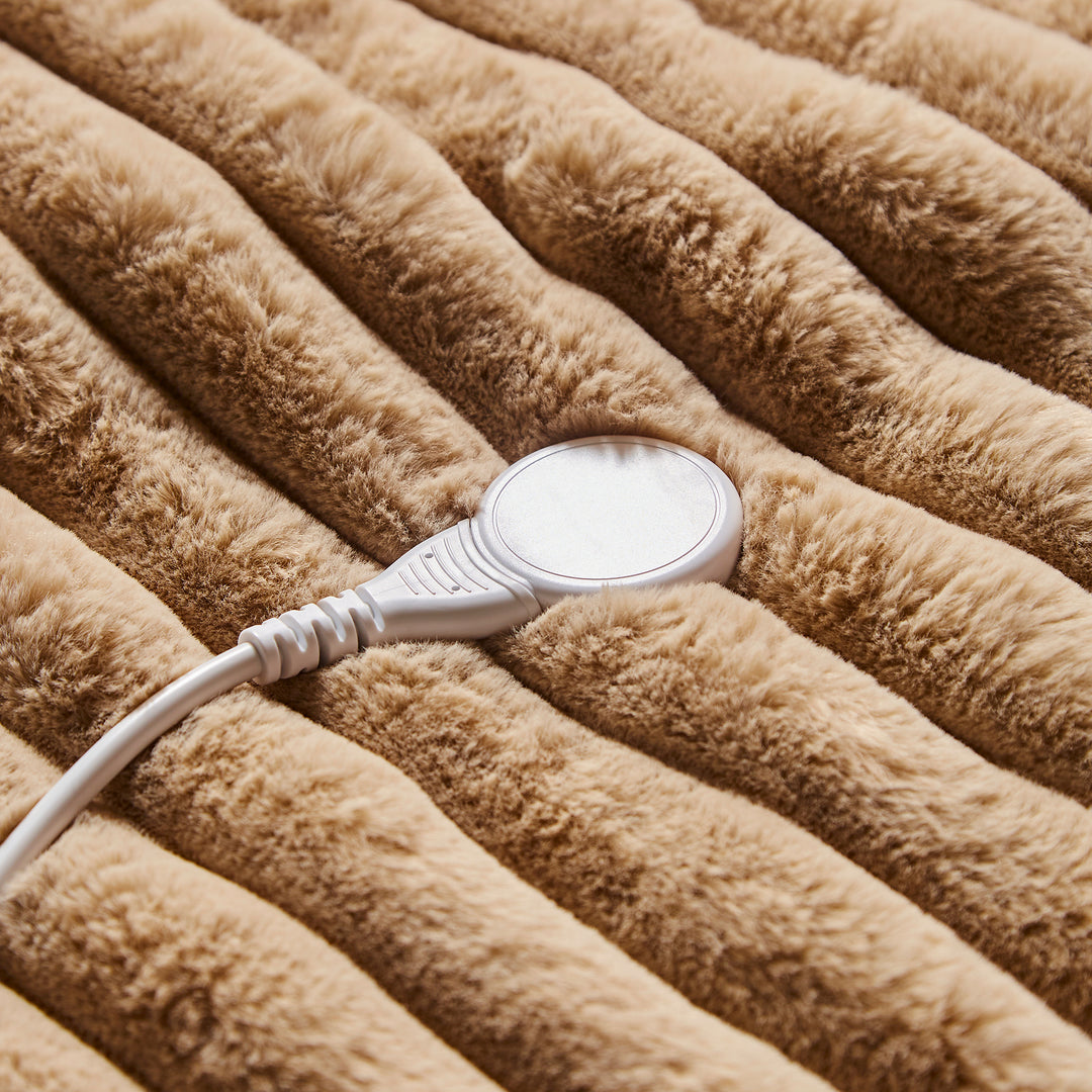 EverCosy Large Luxury Striped Fleece Electric Heated Throw - Mocha