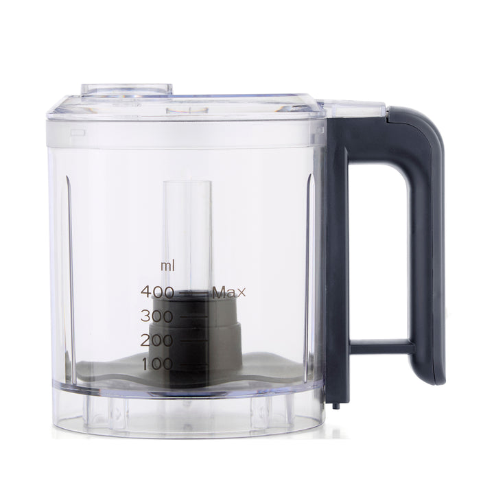 A clear plastic food processor bowl with a dark gray handle and base