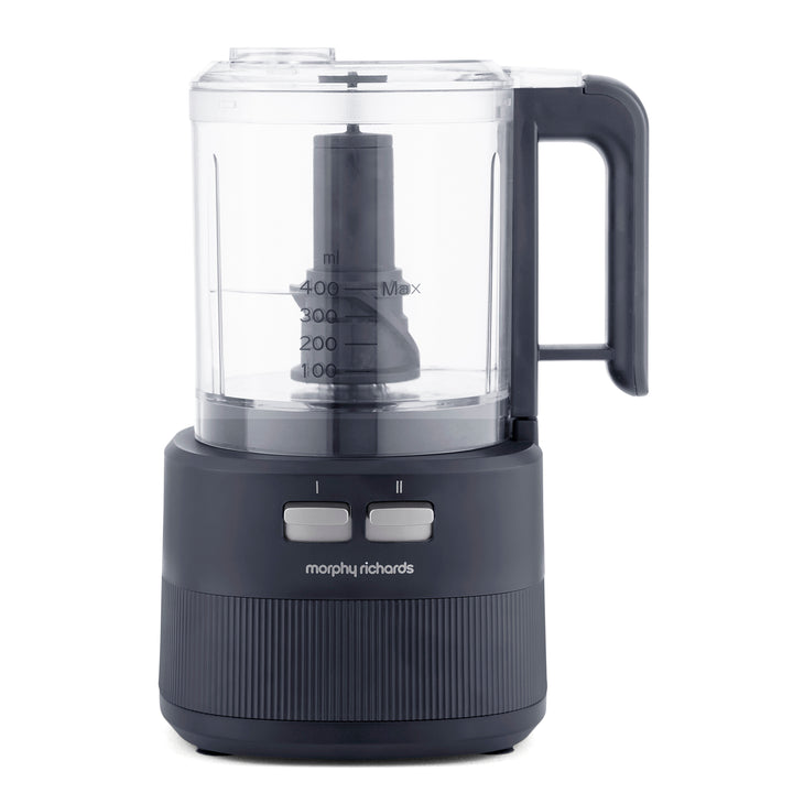 A Morphy Richards food processor with a dark grey ribbed base, clear plastic jar, and black handle, shown on a white background.