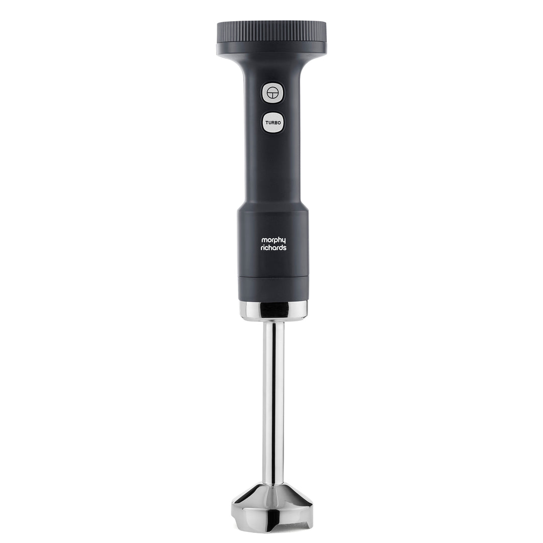 A modern hand blender with a dark gray handle and a silver metal rod and blade, shown against a plain white background. 