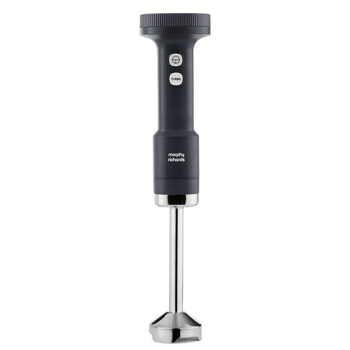 A modern hand blender with a dark gray handle and a silver metal rod and blade, shown against a plain white background. 