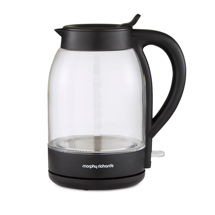 Black electric kettle with clear glass body on a white background