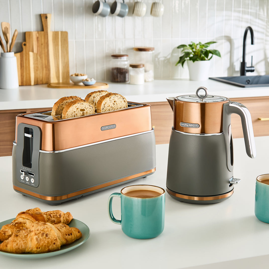Grey kettle and toaster set in kitchen scene