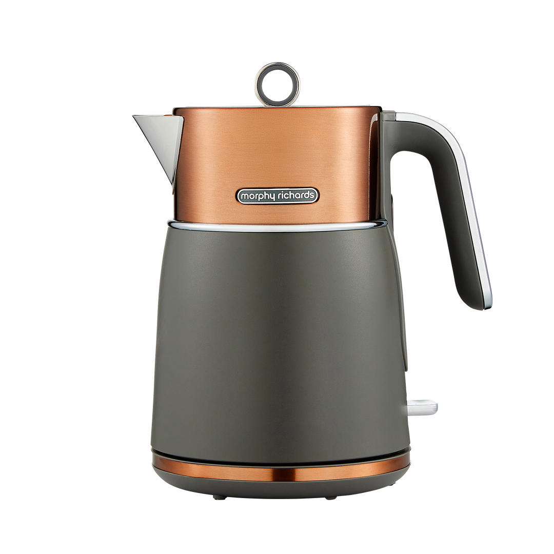 Grey and copper electric kettle with Morphy Richards logo on a white background