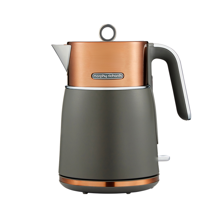 Grey and copper electric kettle with Morphy Richards logo on a white background