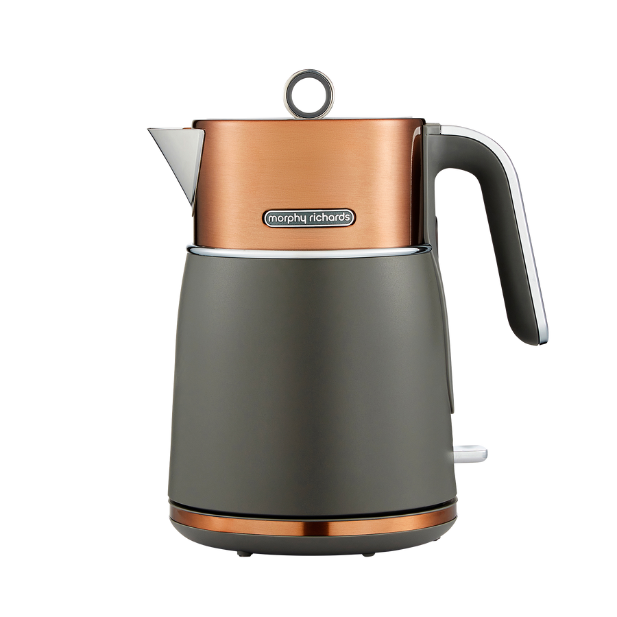 Grey and copper electric kettle with Morphy Richards logo on a white background