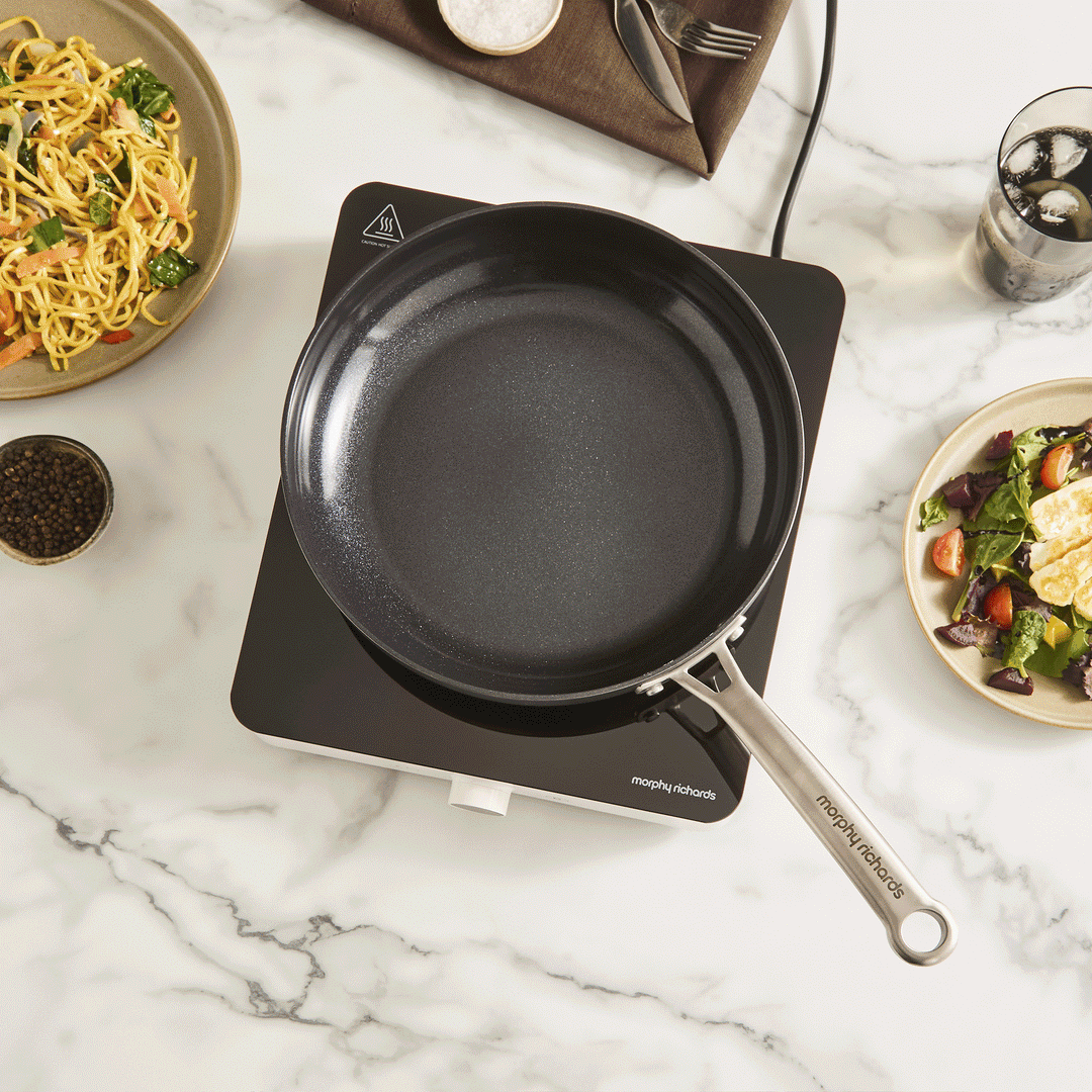 saucepan, frying pan and stovetop kettle on an electric hob