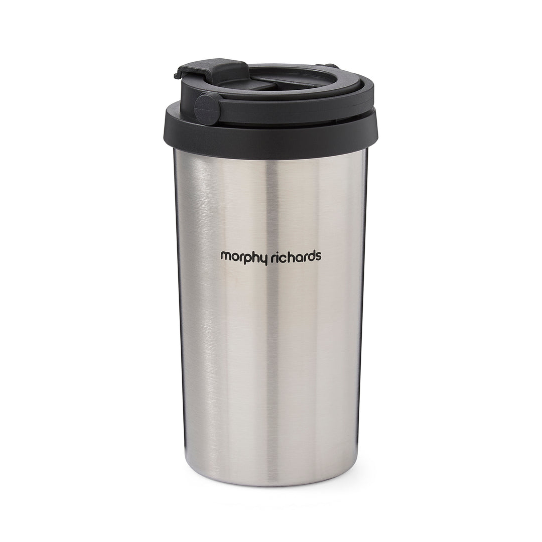 Stainless steel tumbler with black lid on a white background, featuring the Morphy Richards brand.
