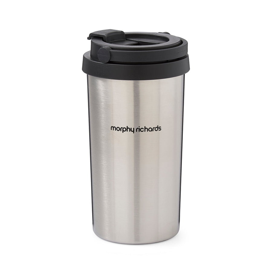 Stainless steel tumbler with black lid on a white background, featuring the Morphy Richards brand.