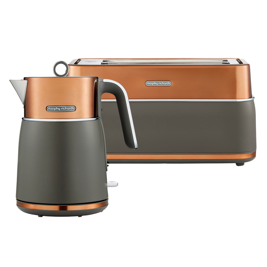 Copper and grey kettle and toaster set