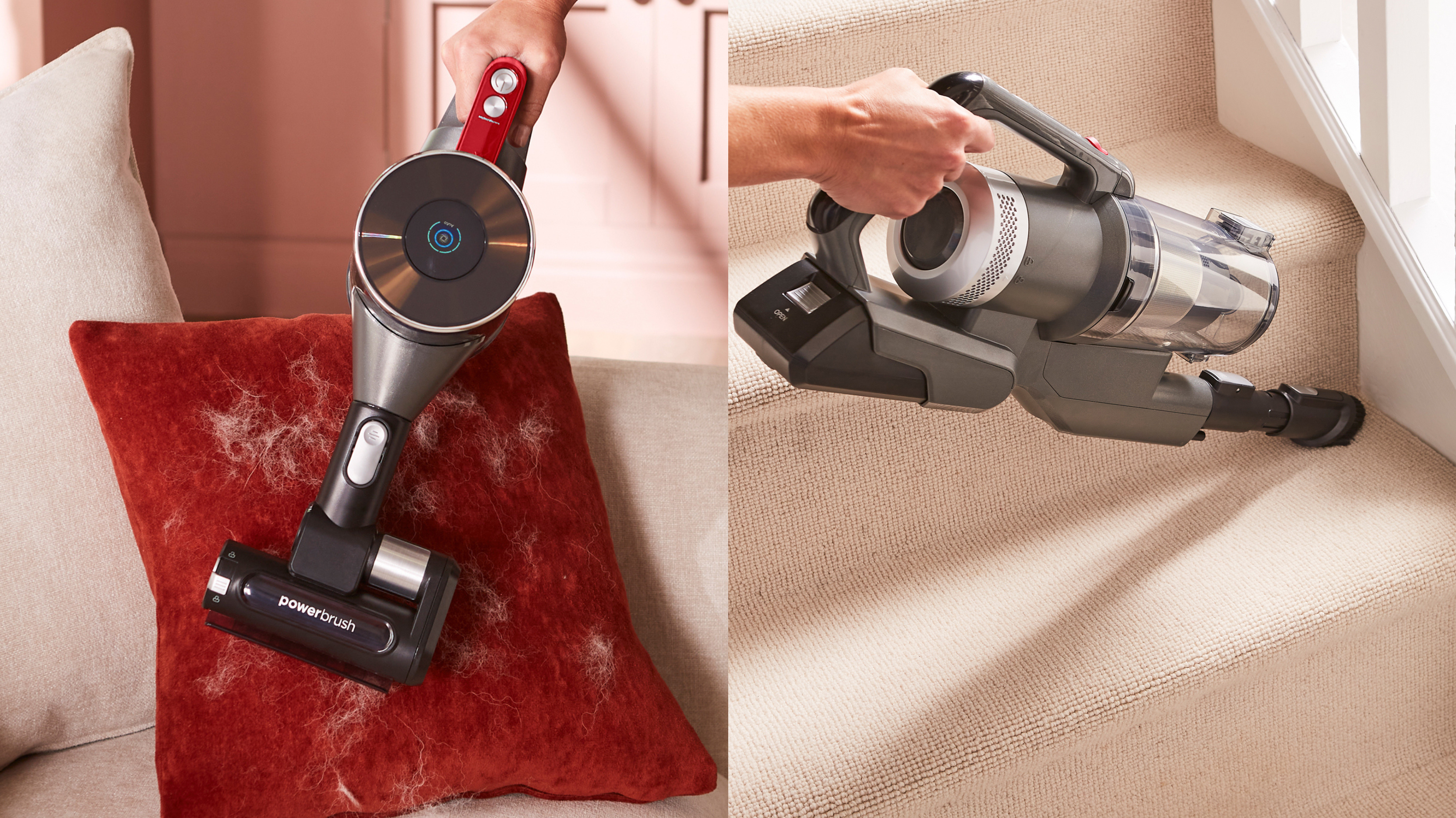 Handheld vacuum cleaning a red pillow and a cordless vacuum cleaning a staircase.